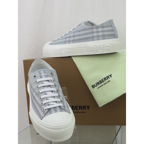 NIB BURBERRY JACK GRAY CHECK CANVAS LOGO WHITE CAP TOE SNEAKERS 43 10 ITALY - Picture 1 of 12